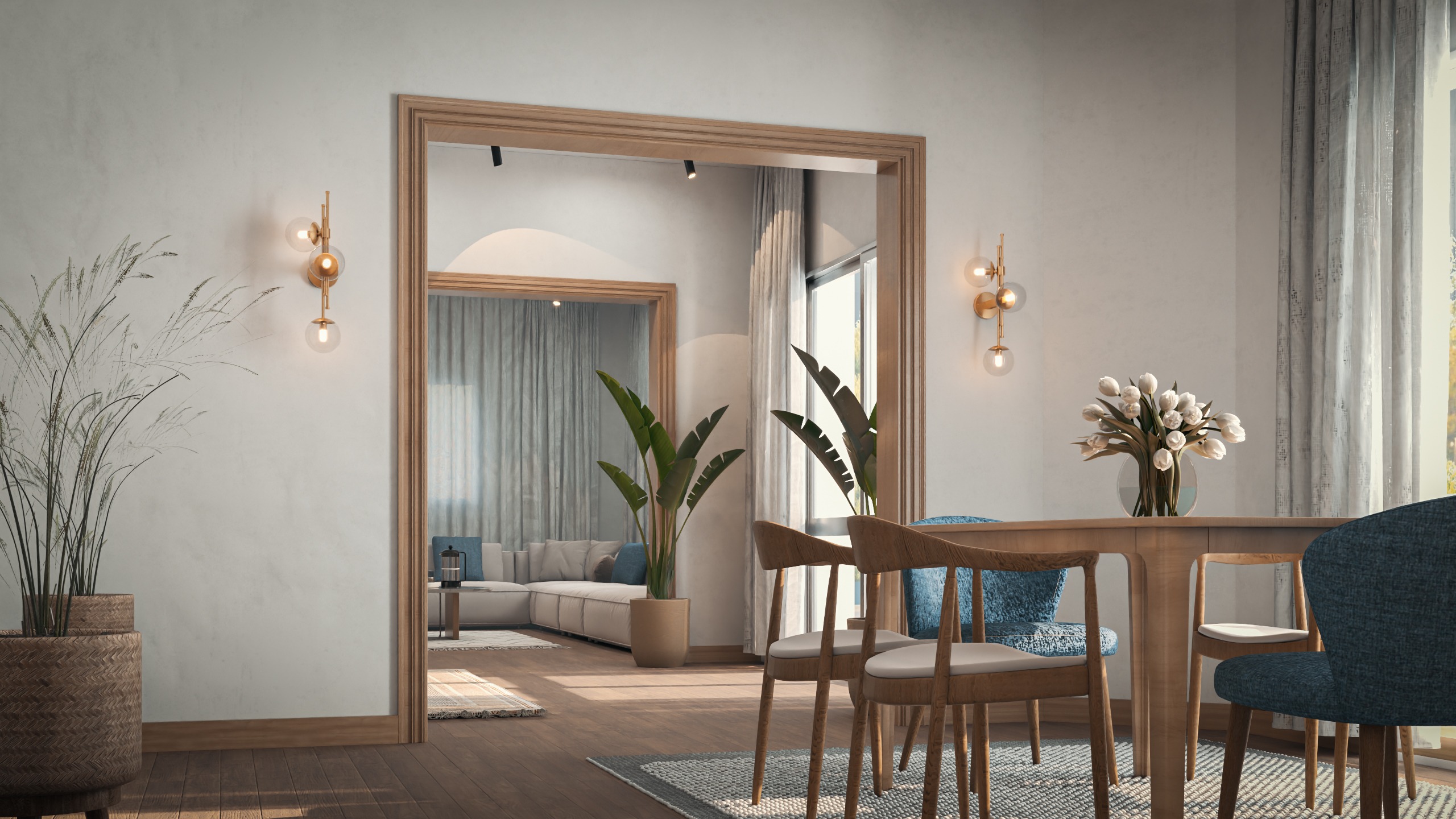 Residential dining space with warm timber, natural light and layered materials